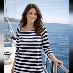 Large J. Crew Navy and White Striped Long Sleeve Top Classic Preppy Minimalist